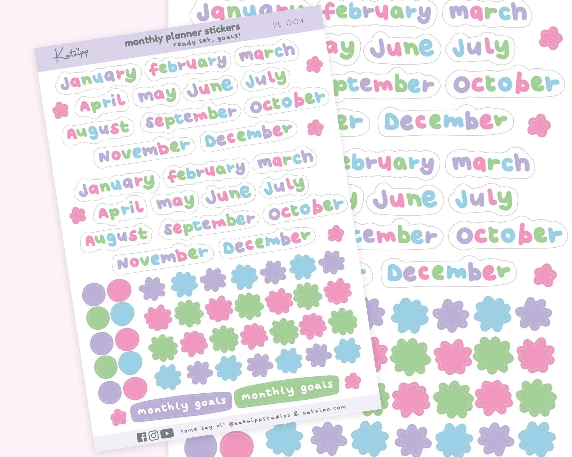 Monthly Planner Sticker Sheet | Darker Pastel Month Labels & Confetti | Kawaii Journal & Bullet Planner Stickers | PL 004