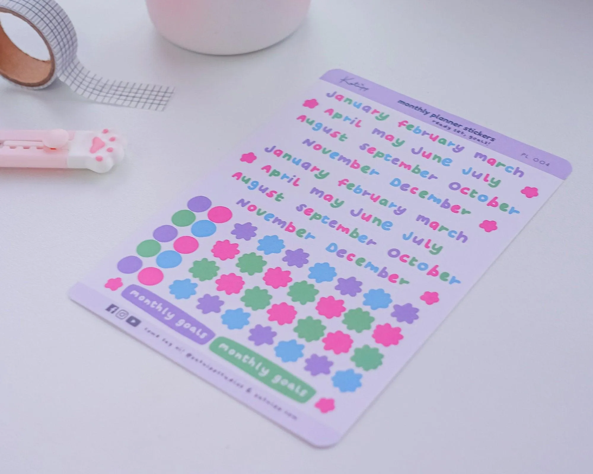 Monthly Planner Sticker Sheet | Darker Pastel Month Labels & Confetti | Kawaii Journal & Bullet Planner Stickers | PL 004
