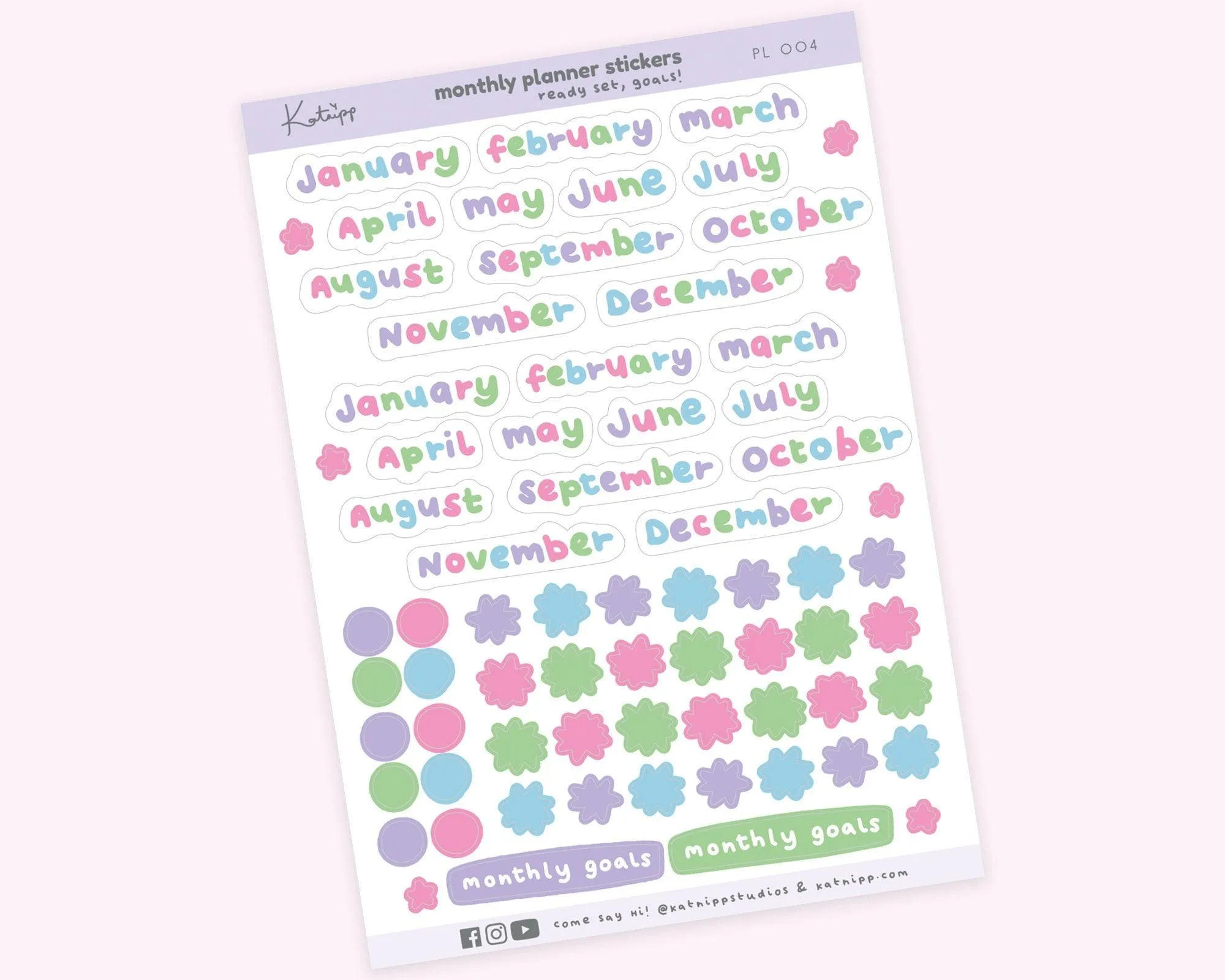Monthly Planner Sticker Sheet | Darker Pastel Month Labels & Confetti | Kawaii Journal & Bullet Planner Stickers | PL 004