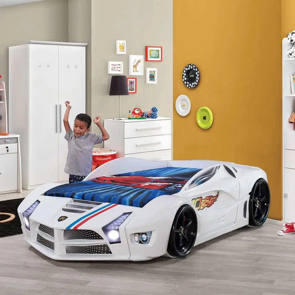 Moon Luxury Race Car Bed w/LEDs & Sound Effects (Free Mattress)