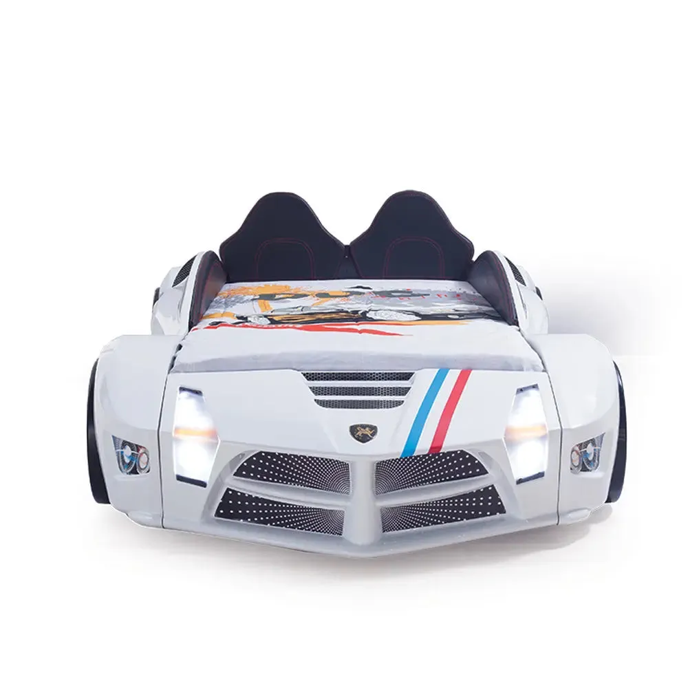Moon Luxury Race Car Bed w/LEDs & Sound Effects (Free Mattress)
