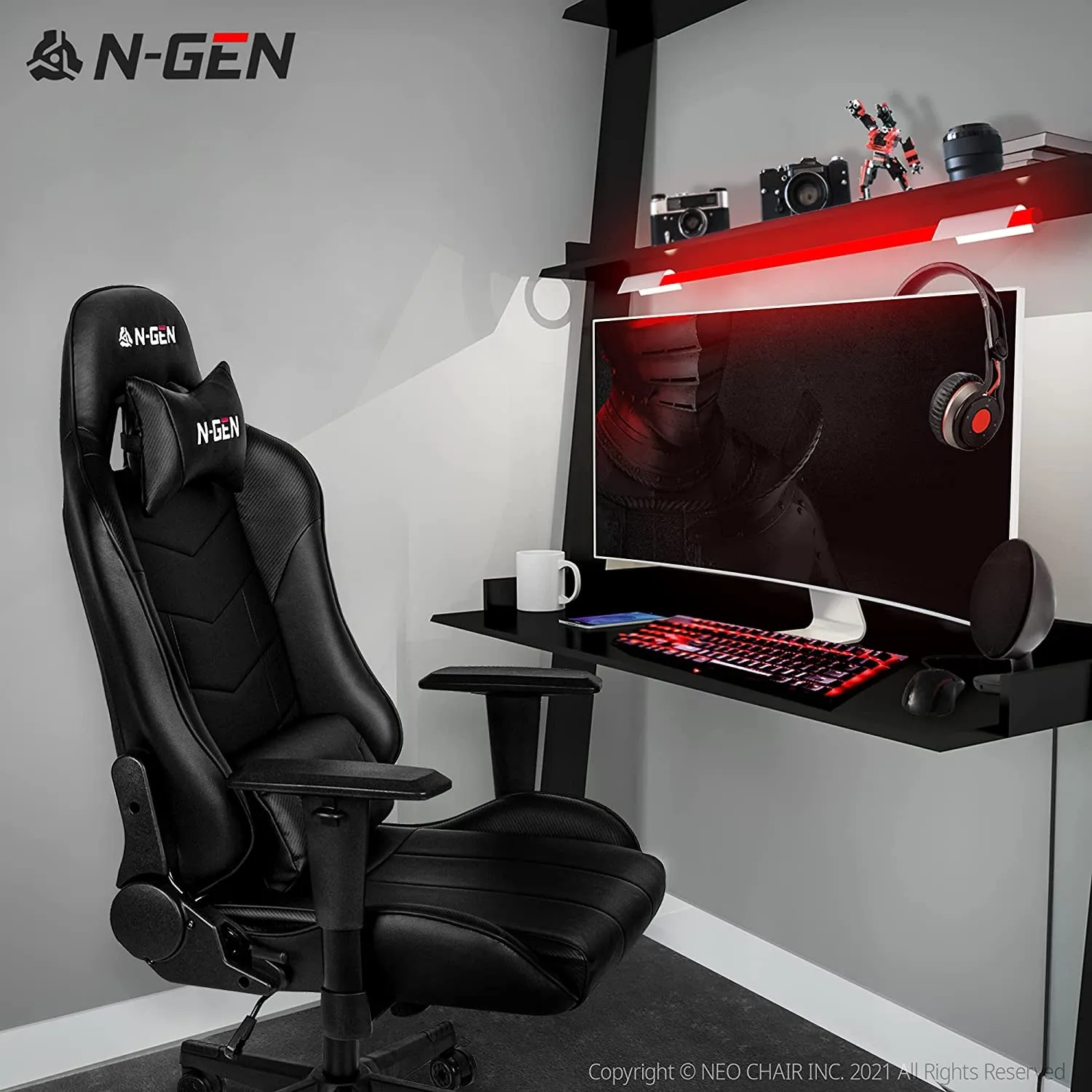N-GEN Gaming Chair Computer Ergonomic Office Adjustable Lumbar Support Racing Style High Back Desk Swivel Executive Video Game PC Leather Height Reclining with Footrest (2. Black)