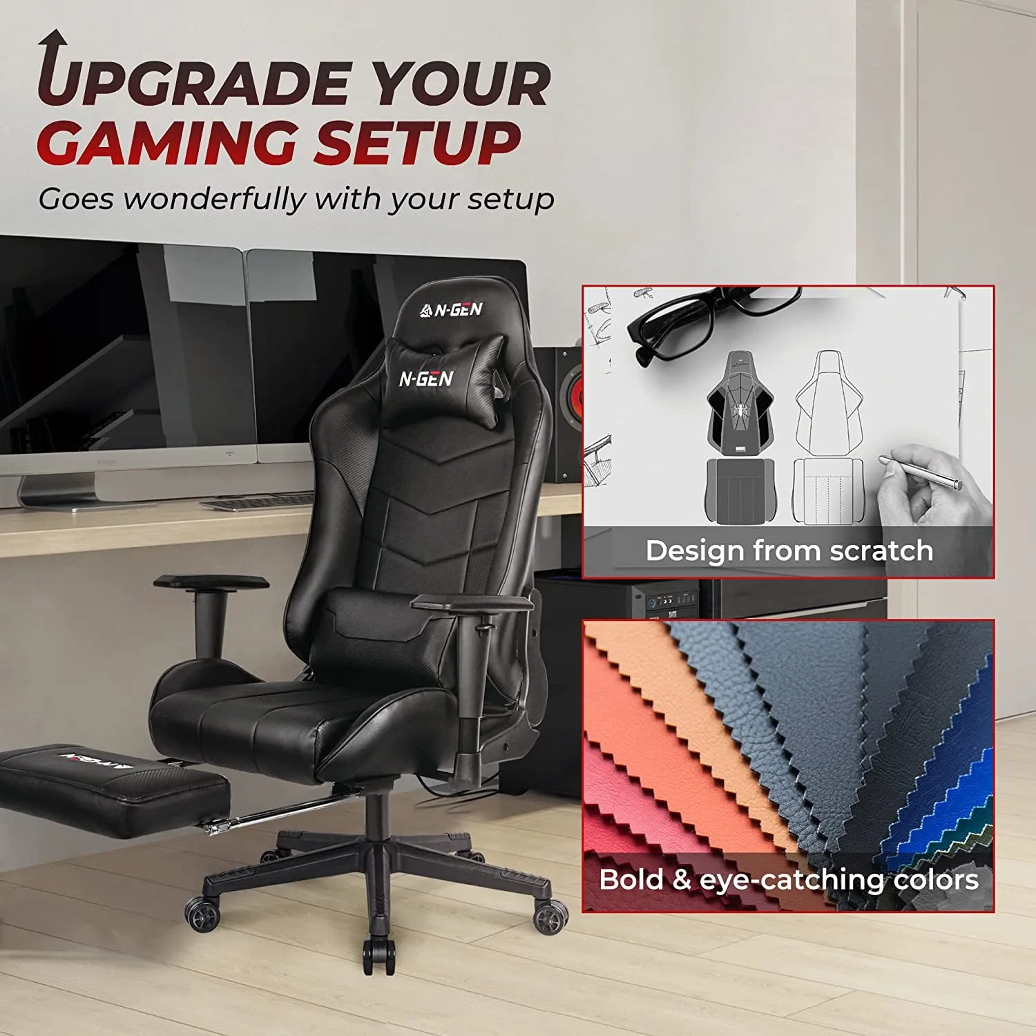 N-GEN Gaming Chair Computer Ergonomic Office Adjustable Lumbar Support Racing Style High Back Desk Swivel Executive Video Game PC Leather Height Reclining with Footrest (2. Black)