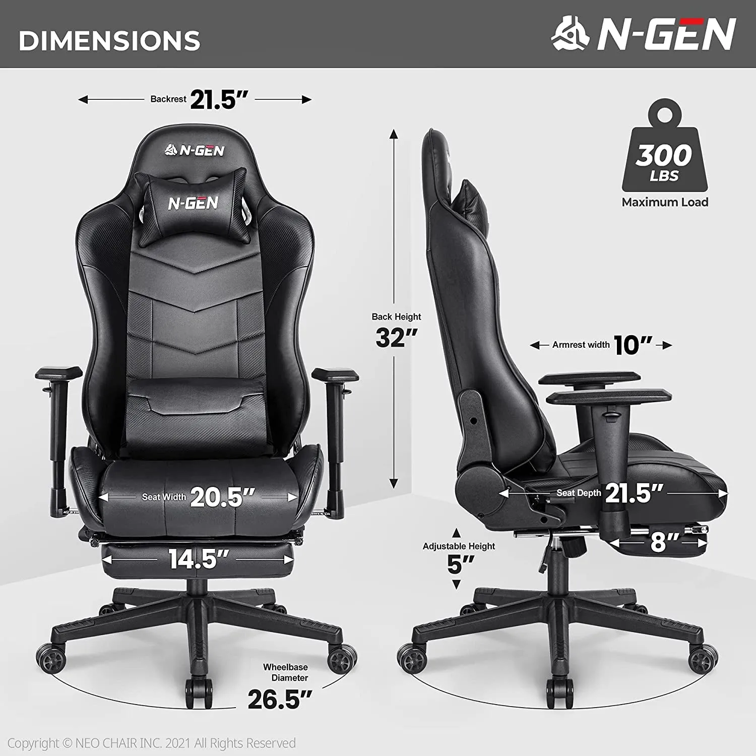N-GEN Gaming Chair Computer Ergonomic Office Adjustable Lumbar Support Racing Style High Back Desk Swivel Executive Video Game PC Leather Height Reclining with Footrest (2. Black)