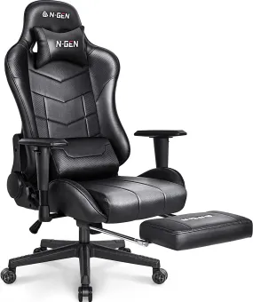 N-GEN Gaming Chair Computer Ergonomic Office Adjustable Lumbar Support Racing Style High Back Desk Swivel Executive Video Game PC Leather Height Reclining with Footrest (2. Black)