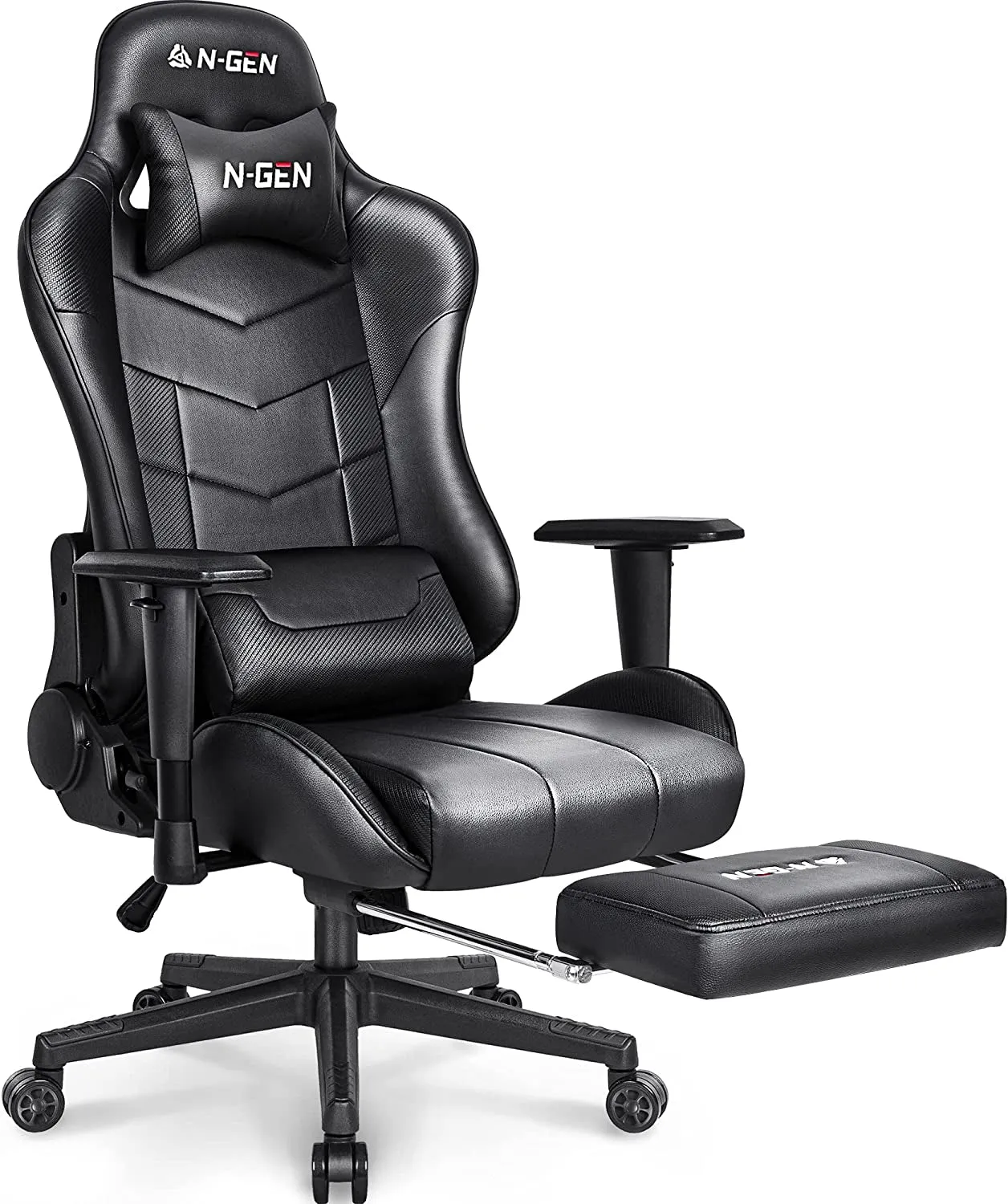 N-GEN Gaming Chair Computer Ergonomic Office Adjustable Lumbar Support Racing Style High Back Desk Swivel Executive Video Game PC Leather Height Reclining with Footrest (2. Black)