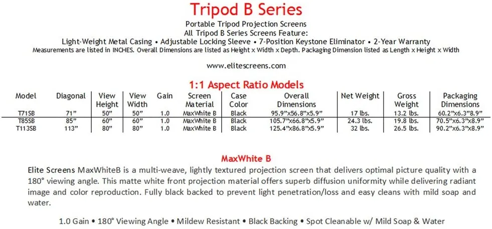 New in box! Elite Screens Tripod B Series, 60" Viewing, 85-Inch Horizontal  1:1, Lightweight Portable Pull Up Projector Projection Screen, T85SB! Retails $138 