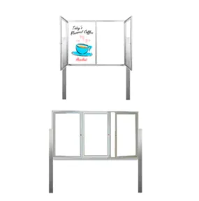 Outdoor Enclosed Dry Erase White Board with Radius Corners on Posts | 2 and 3 Doors, White Porcelain on Steel Marker Board in 35  Sizes