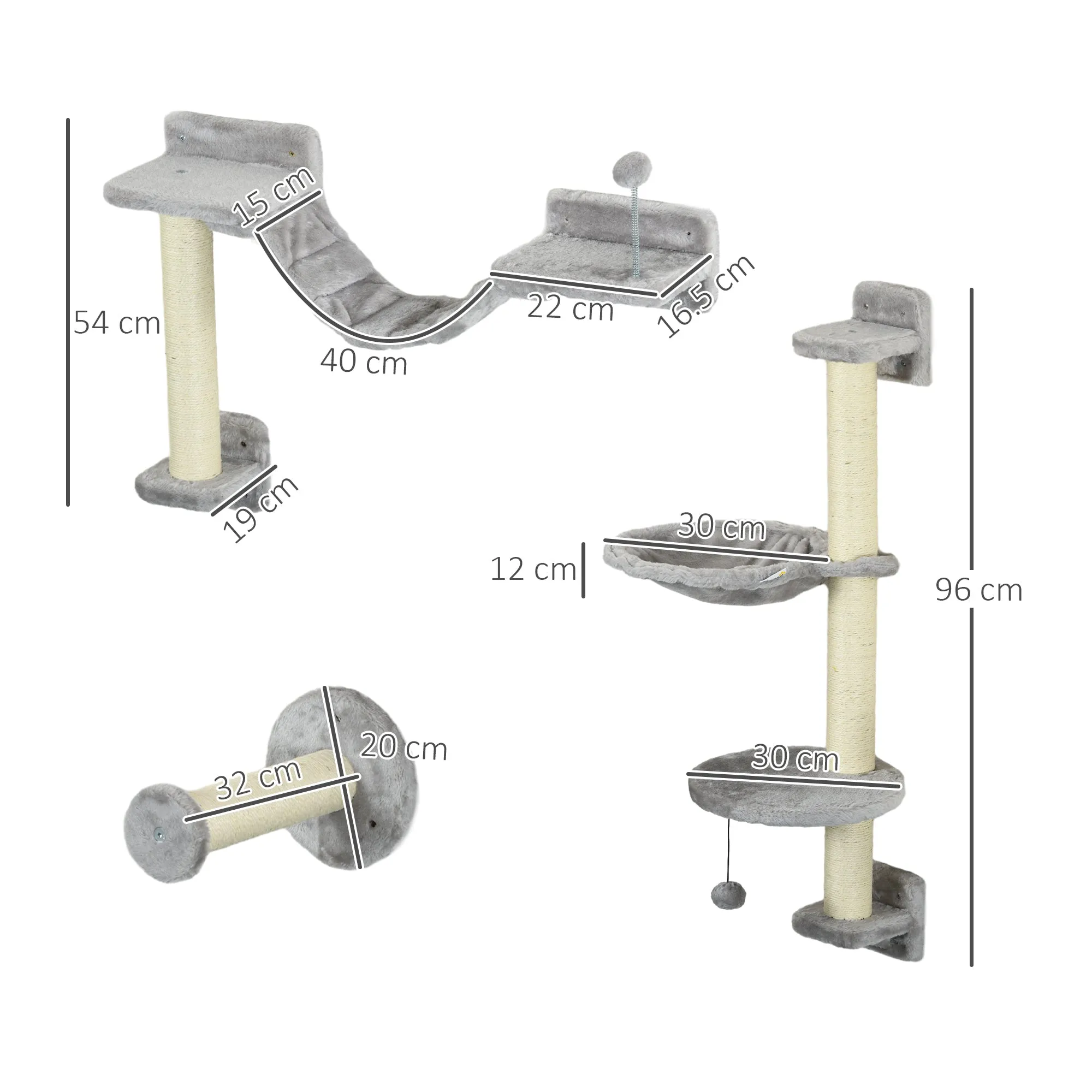 PawHut Cat Wall Furniture with Hammock, Perches, Ladder, Scratching Post, Grey