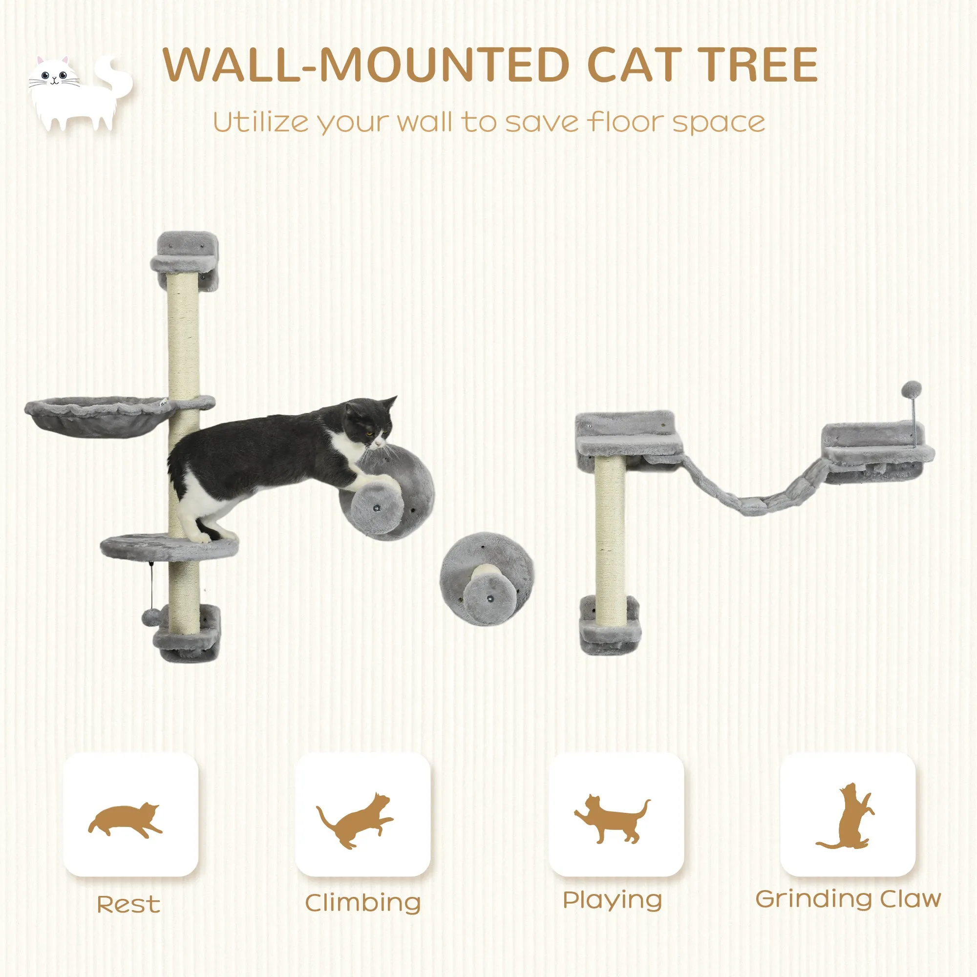 PawHut Cat Wall Furniture with Hammock, Perches, Ladder, Scratching Post, Grey
