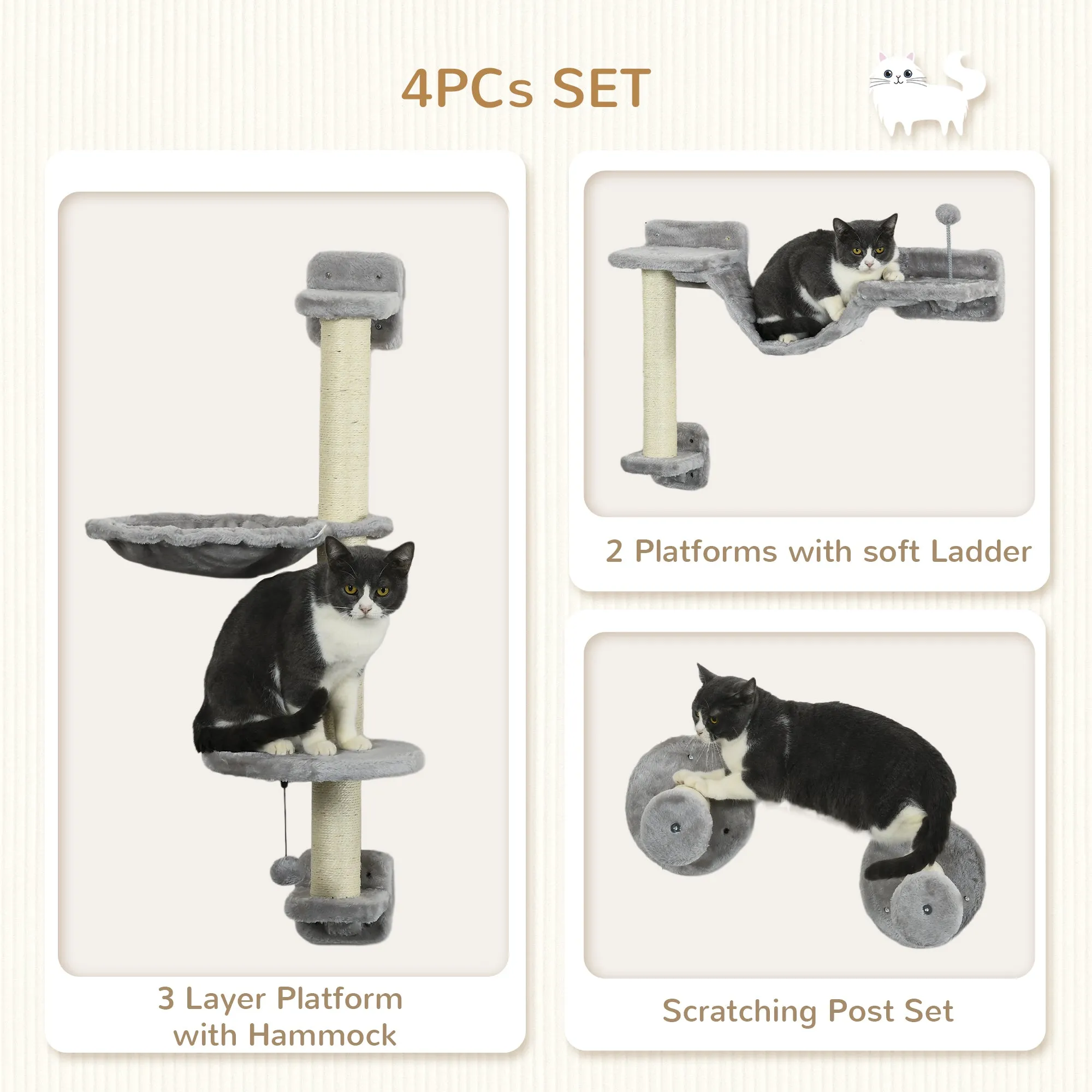 PawHut Cat Wall Furniture with Hammock, Perches, Ladder, Scratching Post, Grey