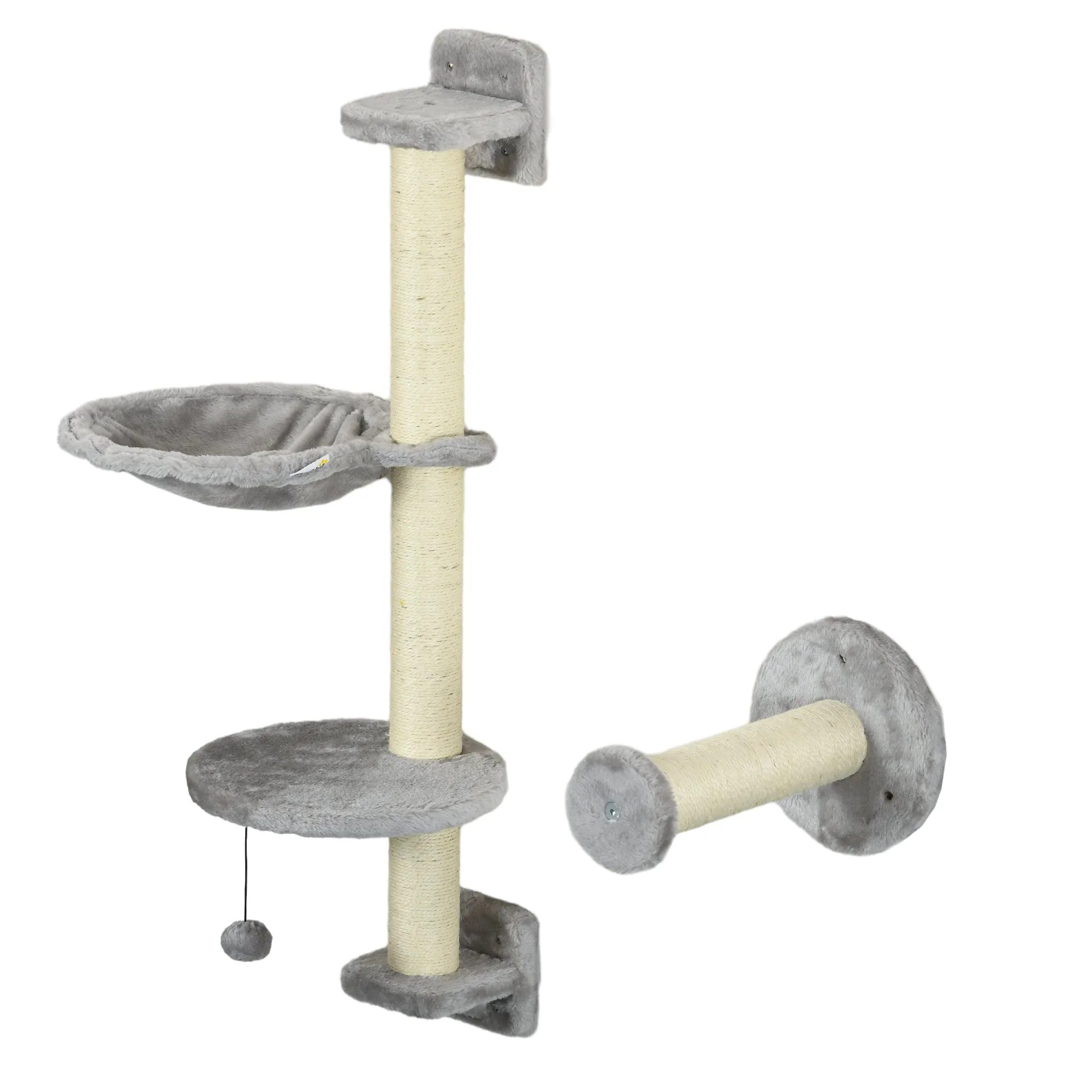 PawHut Cat Wall Furniture with Hammock, Perches, Ladder, Scratching Post, Grey
