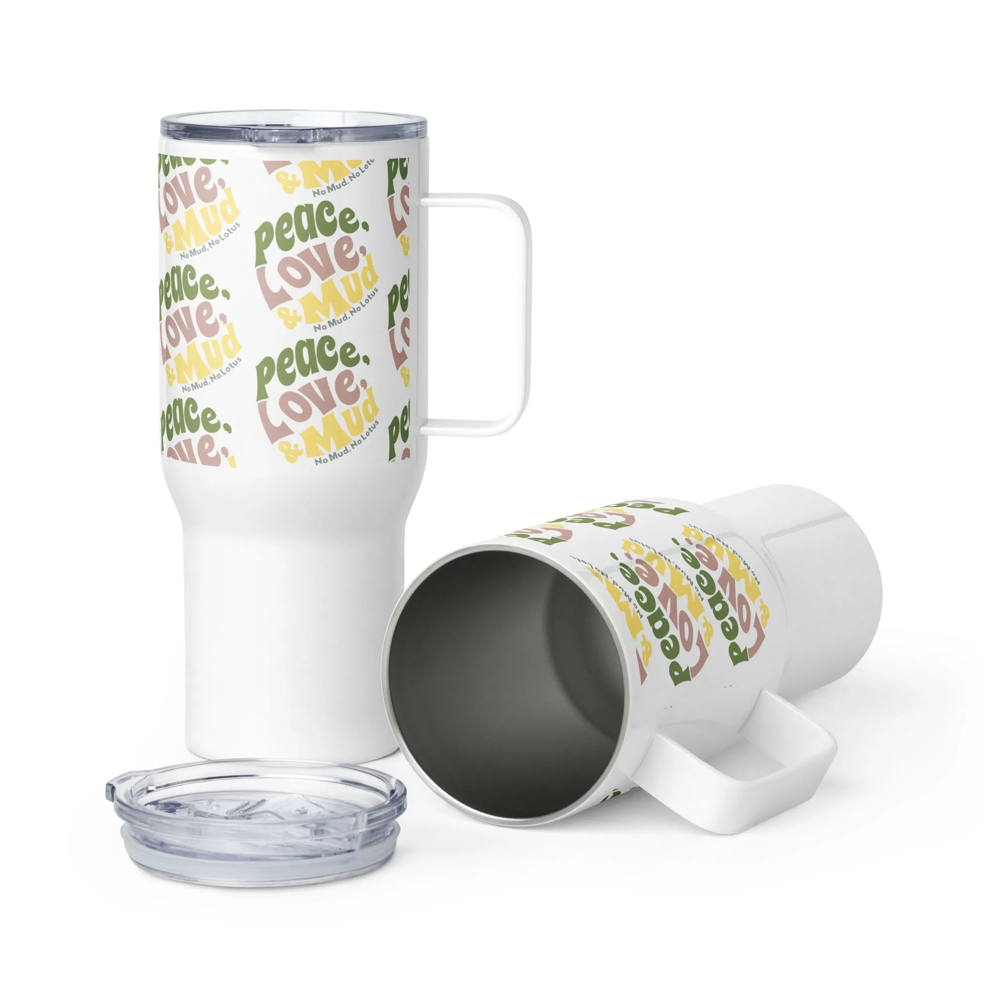 Peace Love & Mud "No Mud No Lotus" Travel mug with a handle