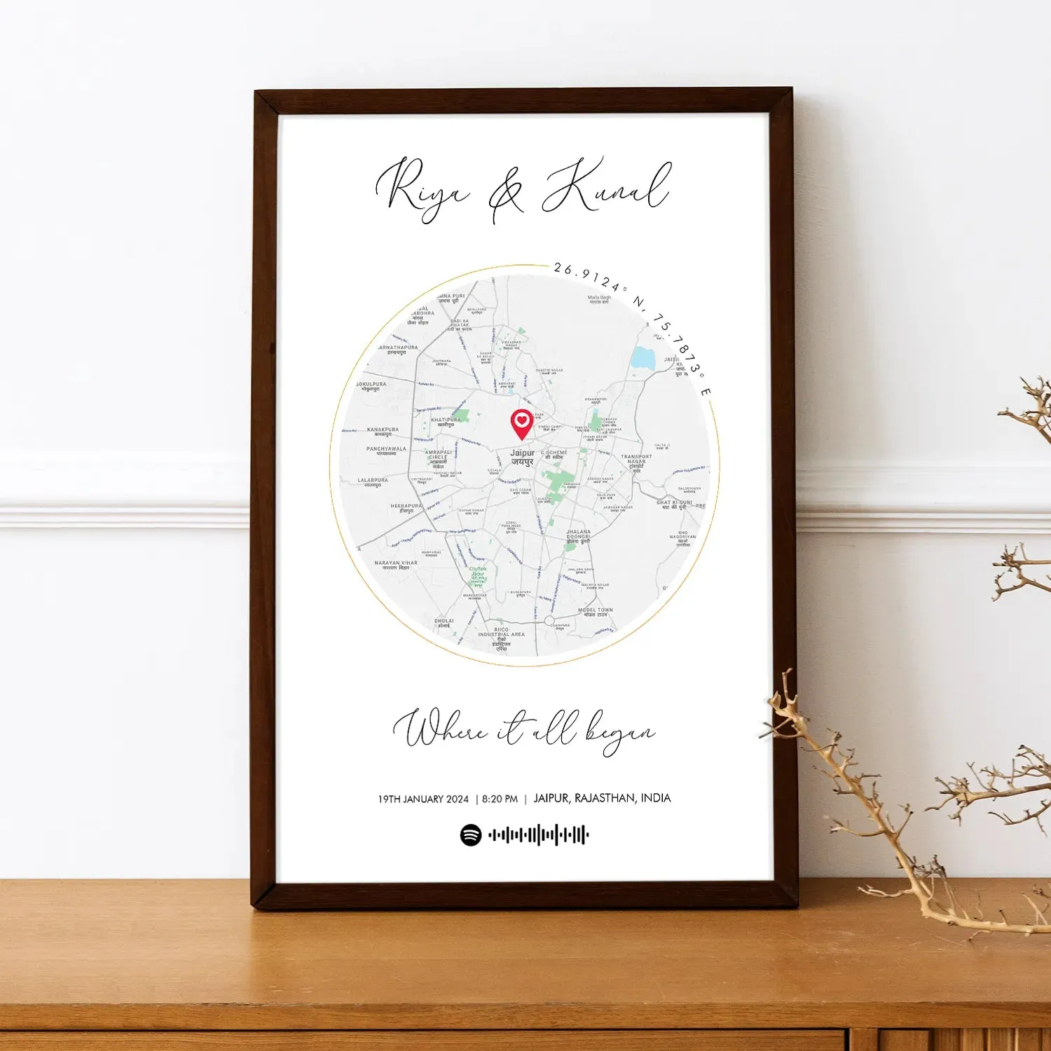 Personalized Distance Map Pictured Framed