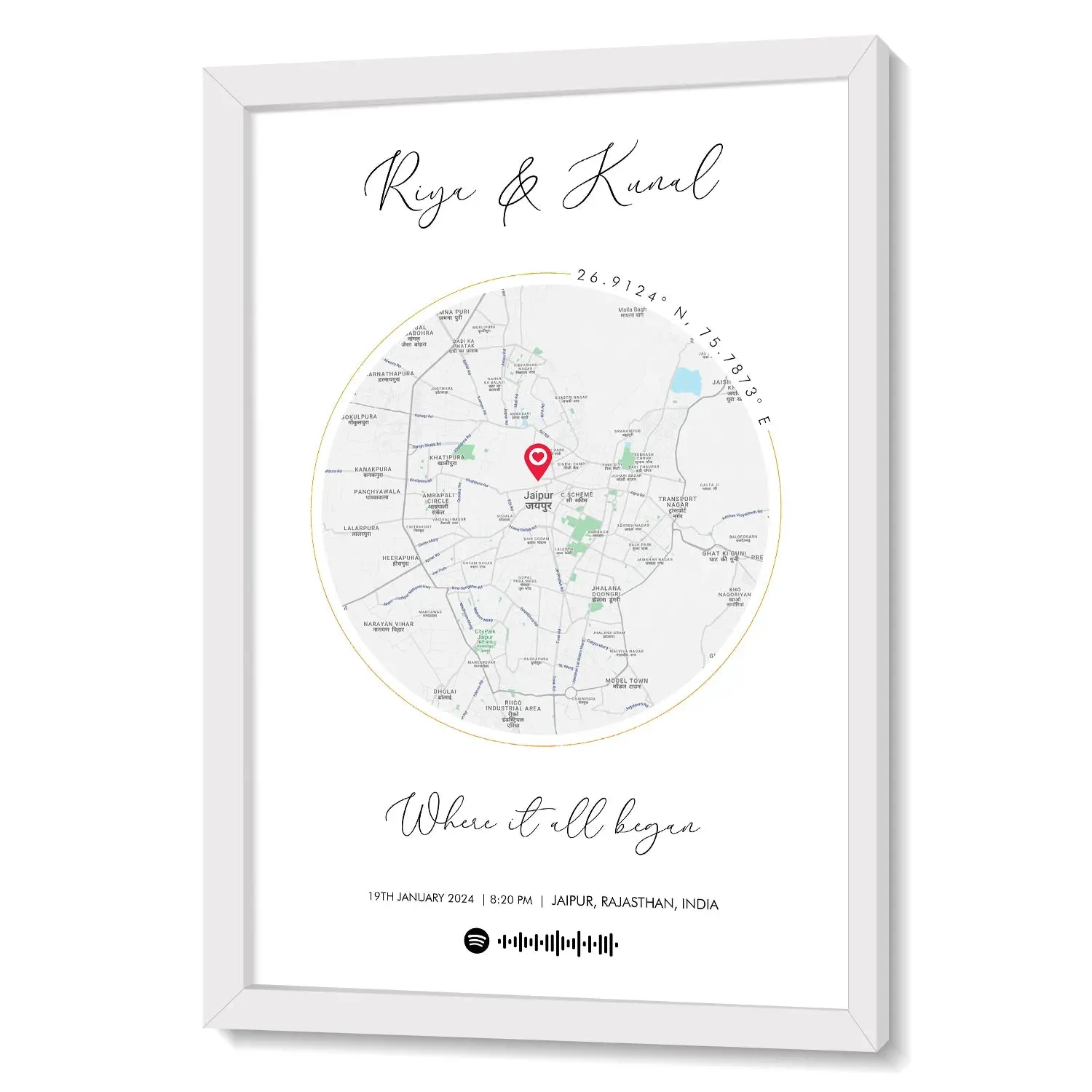 Personalized Distance Map Pictured Framed