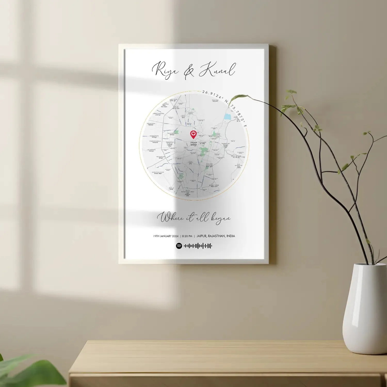 Personalized Distance Map Pictured Framed