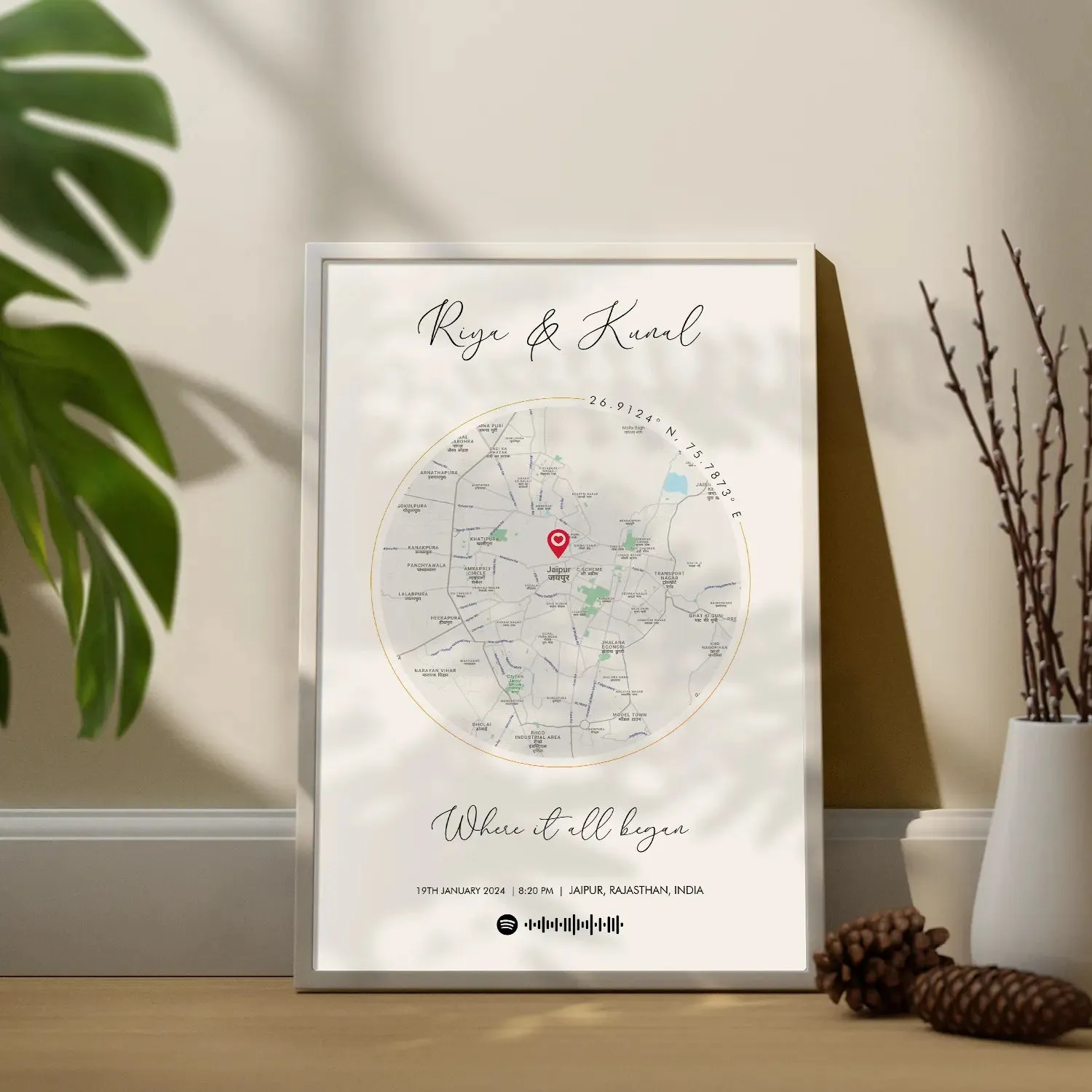 Personalized Distance Map Pictured Framed