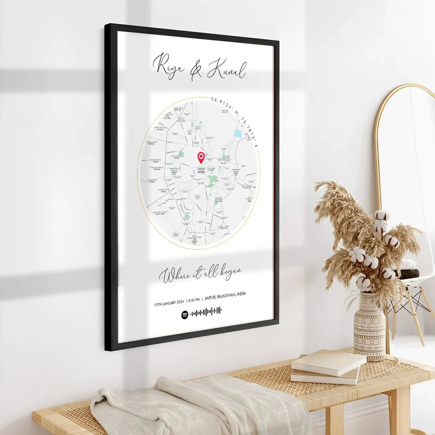 Personalized Distance Map Pictured Framed
