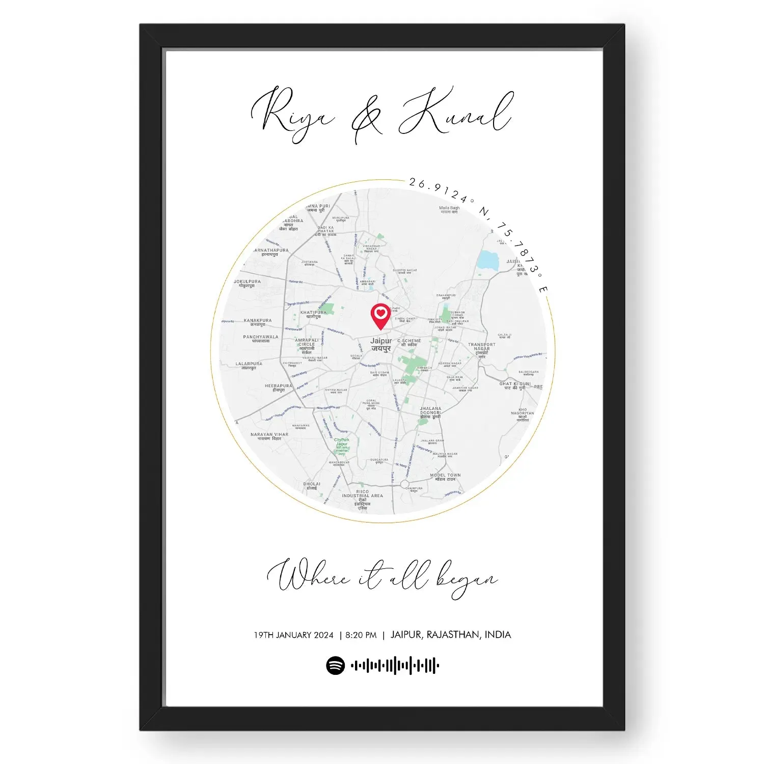 Personalized Distance Map Pictured Framed