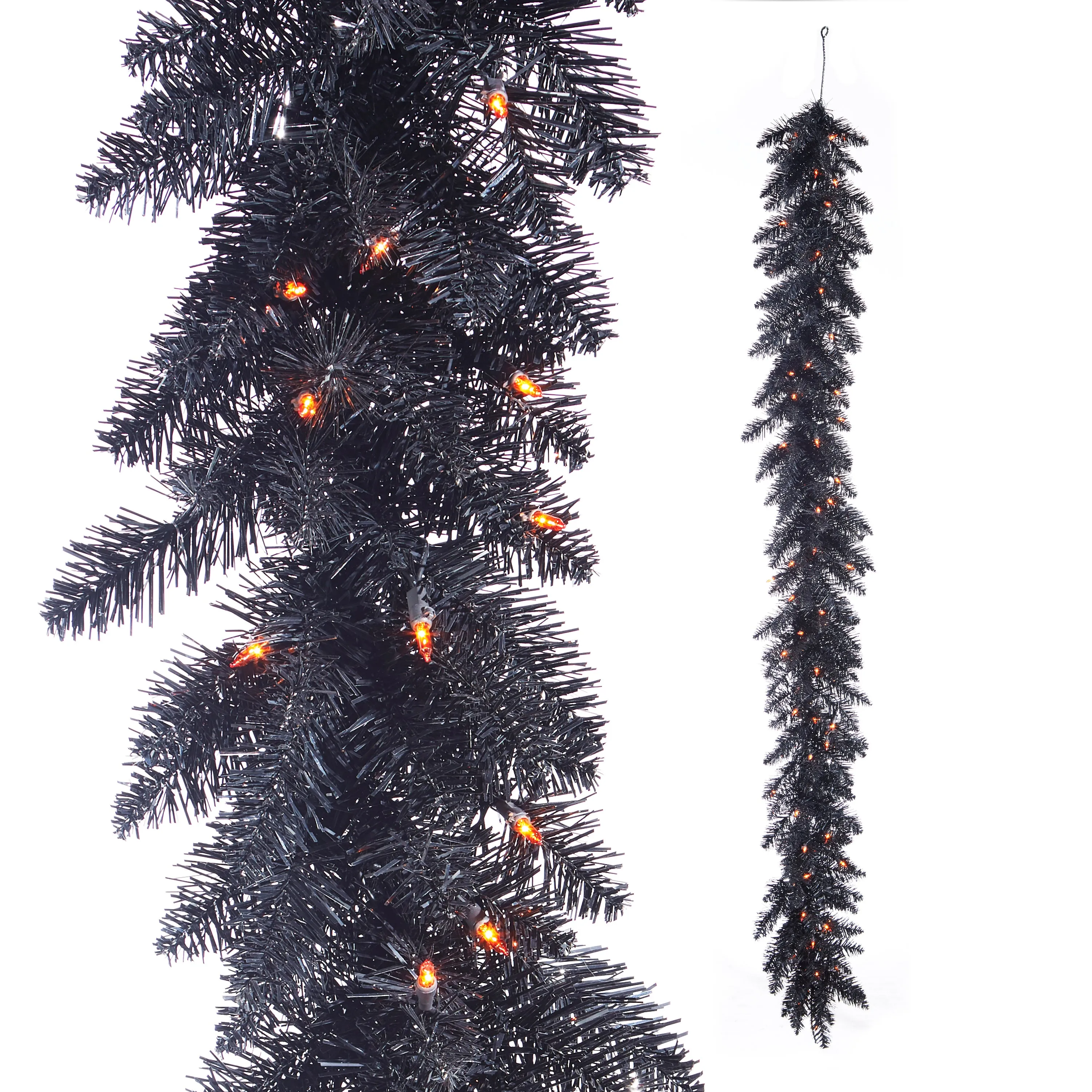 Pre-Lit Black Tinsel Garland, 6'