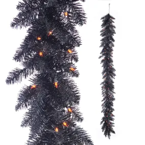 Pre-Lit Black Tinsel Garland, 6'