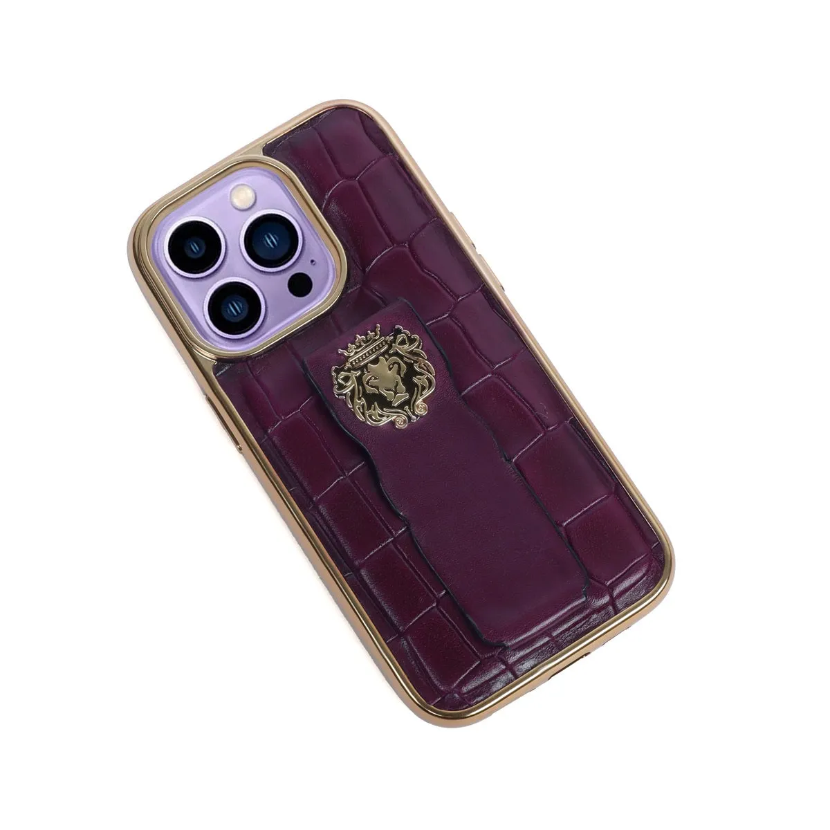 Purple iPhone Series Mobile Cover Golden Rim Finger strap cum Stand Croco Print Leather with Metal Lion Logo by Brune & Bareskin