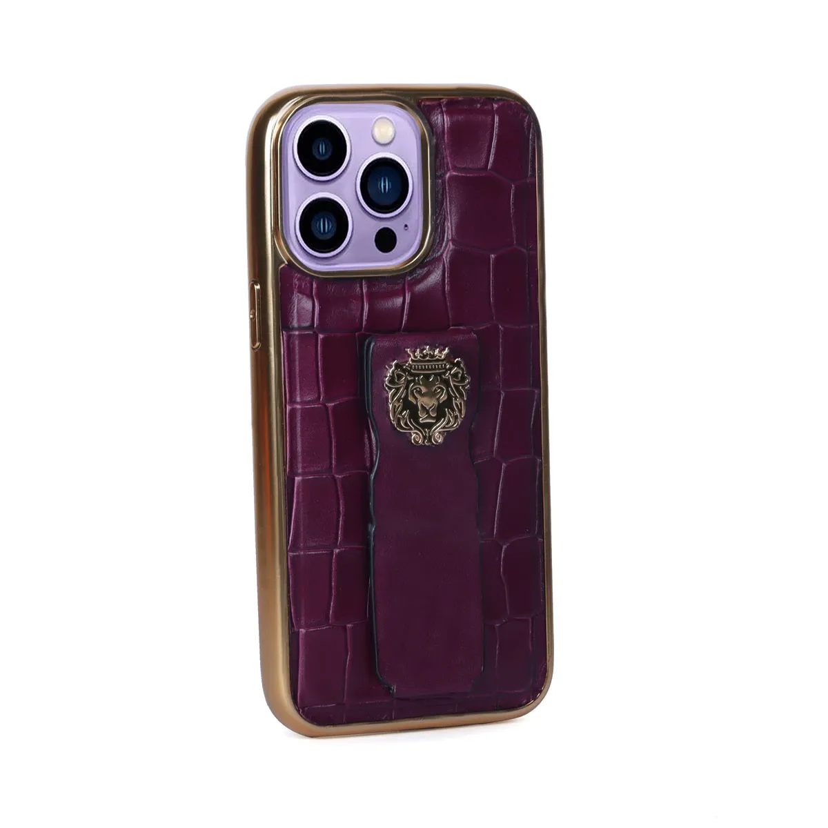Purple iPhone Series Mobile Cover Golden Rim Finger strap cum Stand Croco Print Leather with Metal Lion Logo by Brune & Bareskin