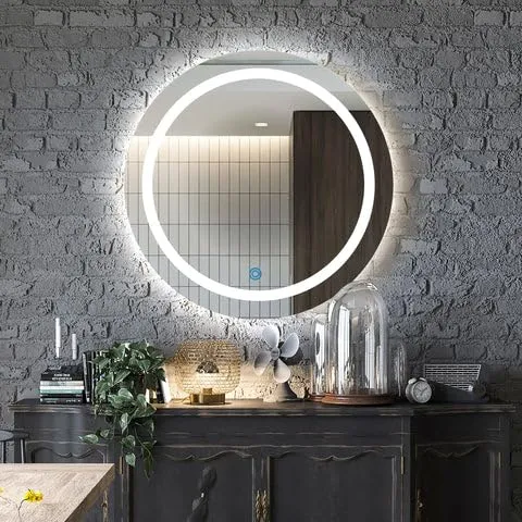 Sain Gobain Led Bathroom Round GlassMirror|Dimmable Lights|Wall-Mounted Vanity Mirror With 3 In 1 Color Led Light|24 X 24 Inches,Clear