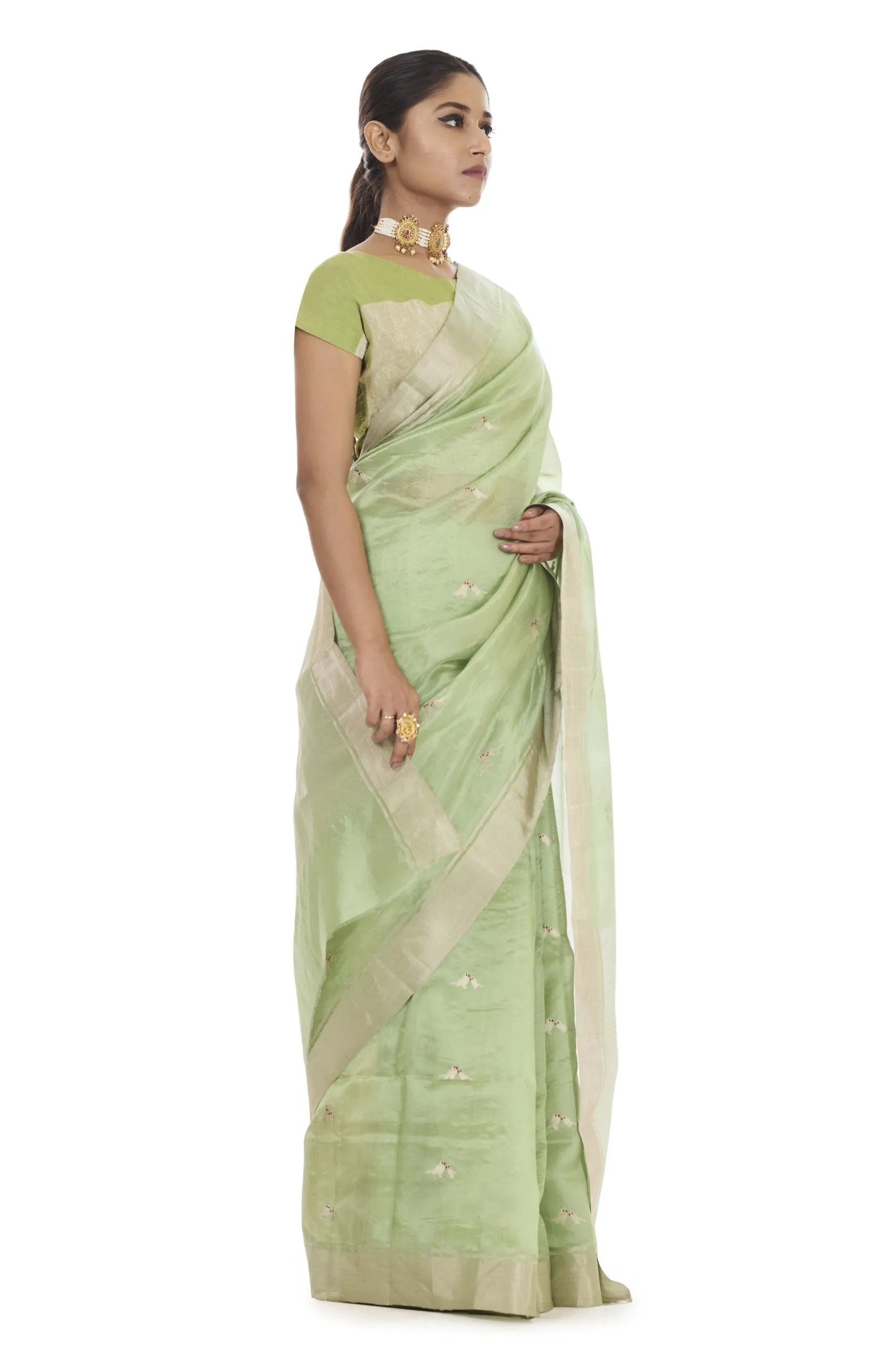Sea green lovebirds motif silk saree
