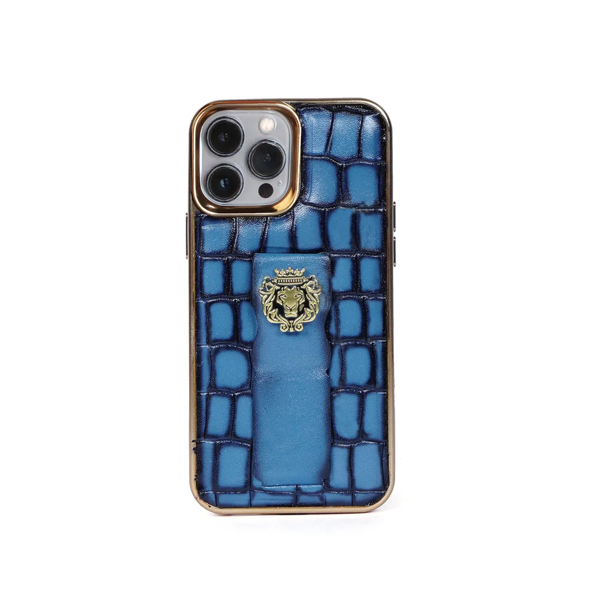 Sky Blue Leather Mobile Cover Golden Rim Finger Strap Cum Stand iPhone Series Deep Cut Croco Textured With Golden Lion Logo By Brune & Bareskin