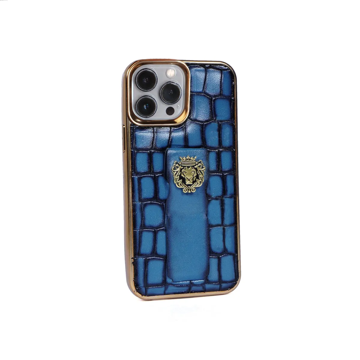 Sky Blue Leather Mobile Cover Golden Rim Finger Strap Cum Stand iPhone Series Deep Cut Croco Textured With Golden Lion Logo By Brune & Bareskin