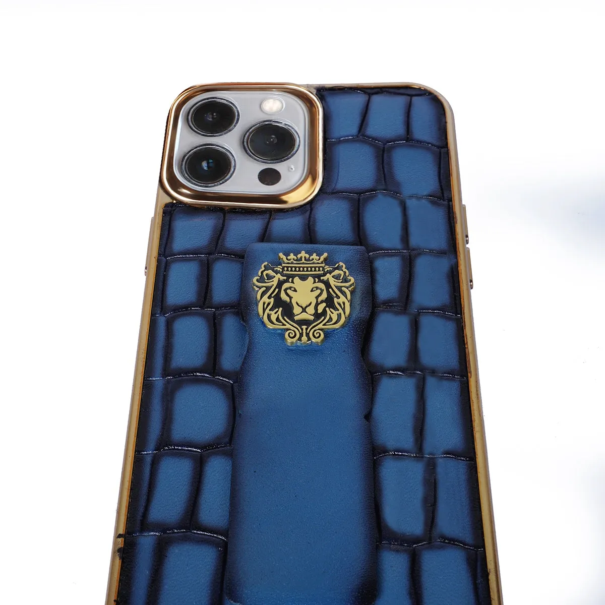 Sky Blue Leather Mobile Cover Golden Rim Finger Strap Cum Stand iPhone Series Deep Cut Croco Textured With Golden Lion Logo By Brune & Bareskin