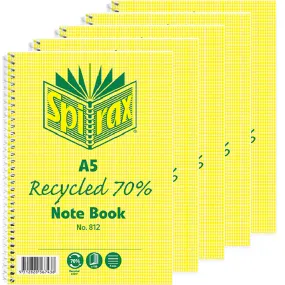 Spirax 812 Notebook 7mm Ruled 70% Recycled Spiral Bound A5 120 Page Pack 5