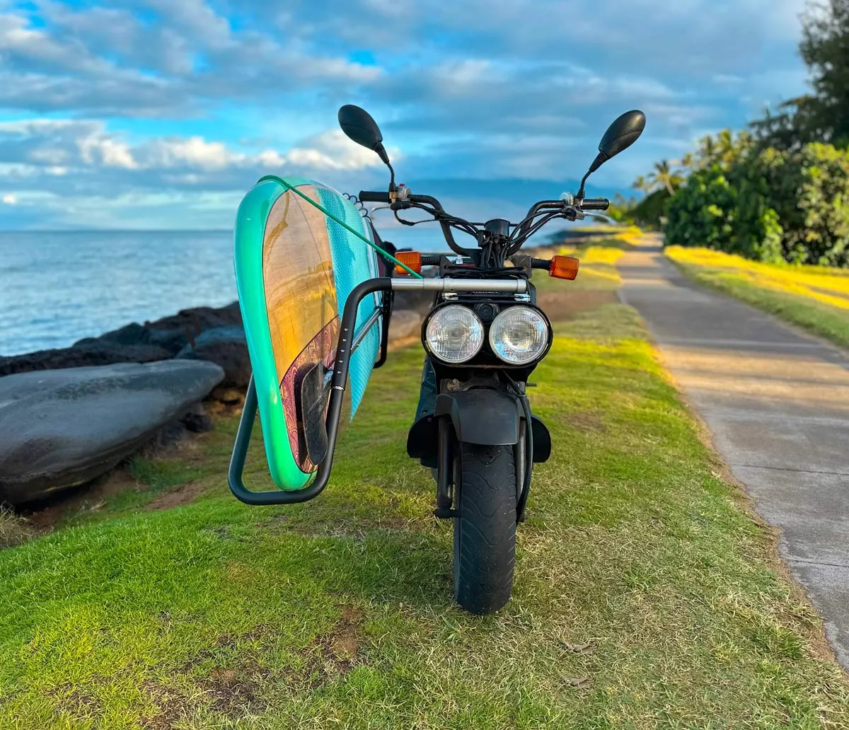 Surfboard Moped Rack | Dual-Mount | Holds Longboards