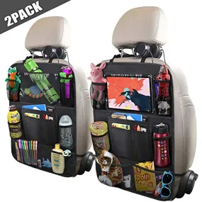 ULEEKA Car Backseat Organizer with 10" Table Holder, 9 Storage Pockets Seat Back Protectors Kick Mats for Kids Toddlers, Travel Accessories, Black, 2 Pack