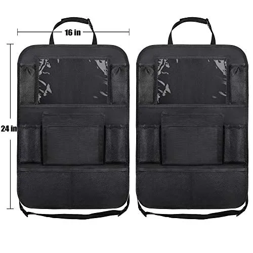 ULEEKA Car Backseat Organizer with 10" Table Holder, 9 Storage Pockets Seat Back Protectors Kick Mats for Kids Toddlers, Travel Accessories, Black, 2 Pack