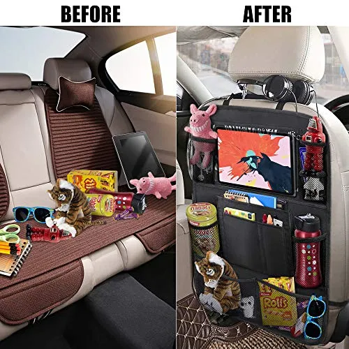ULEEKA Car Backseat Organizer with 10" Table Holder, 9 Storage Pockets Seat Back Protectors Kick Mats for Kids Toddlers, Travel Accessories, Black, 2 Pack