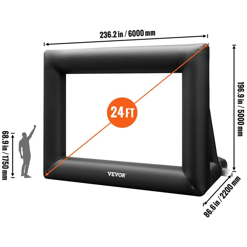 VEVOR Inflatable Movie Screen 24FT Inflatable Projector Screen for outside with 360W Air Blower Inflatable Screen Oxford Fabric Material Blow up Screen for Outdoor Movie Supports Front/Rear Projection