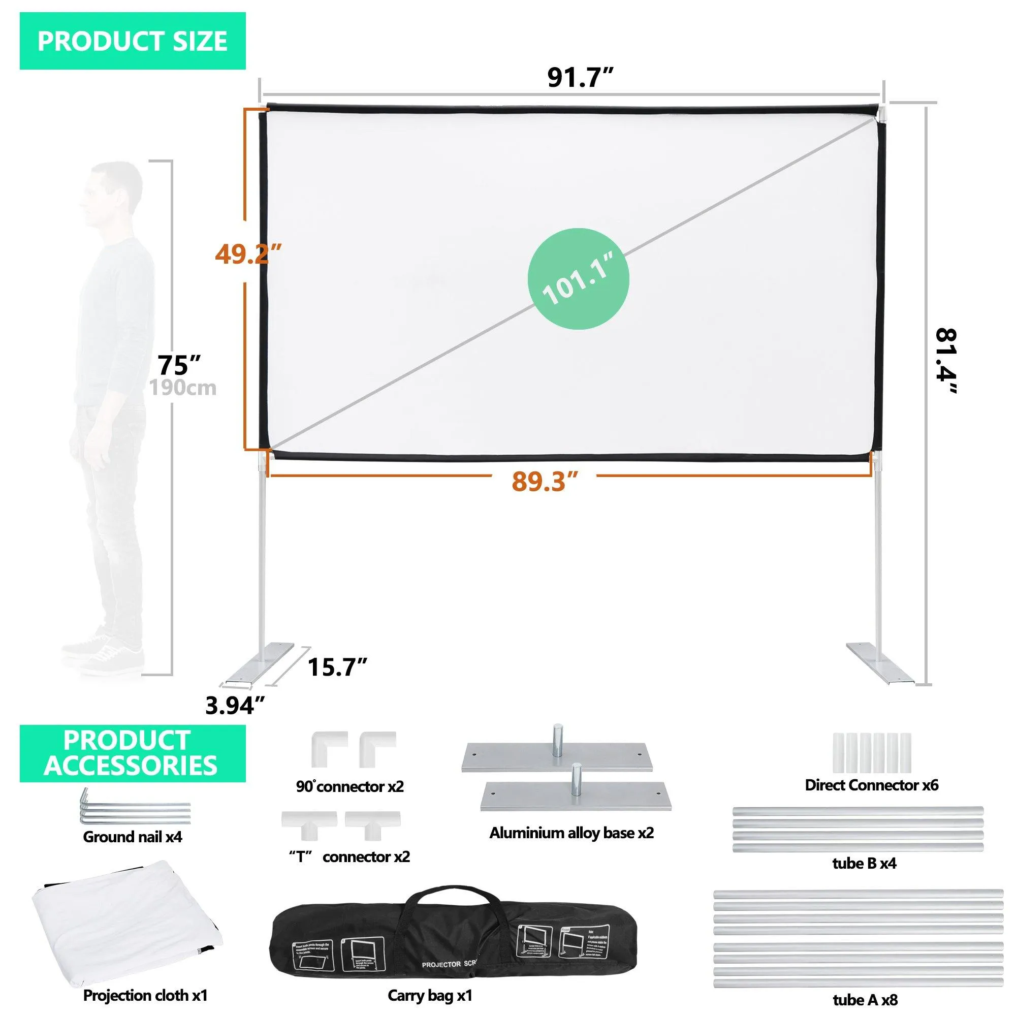 ZENY™ Projector Screen w/Stand 100" 16:9 HD 4K Rear/Front Projections